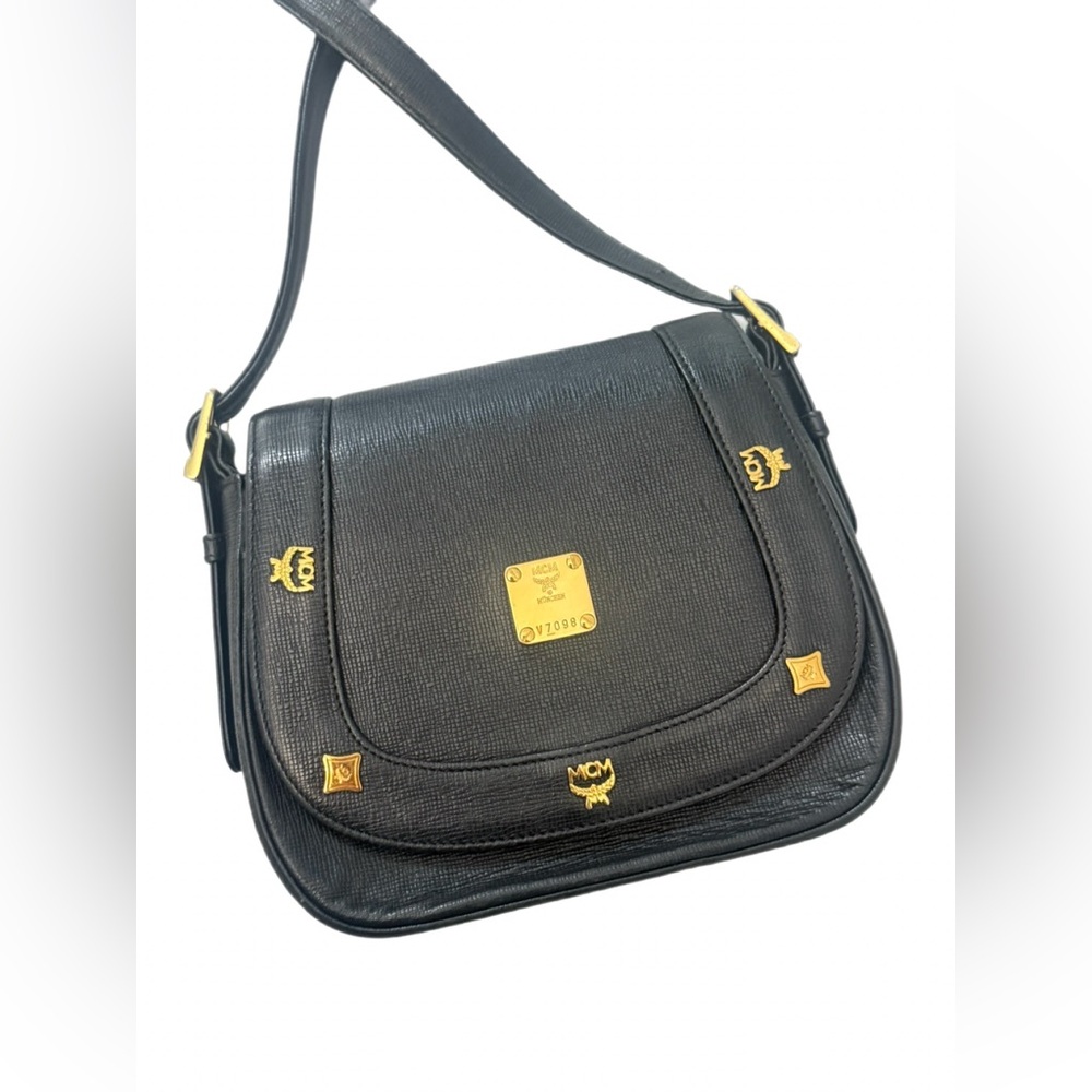 MCM Black and Gold Crossbody Bag with Saddle Shape